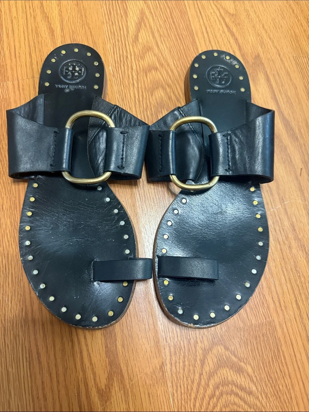 Tory Burch Black Leather Bow Slide Sandals with Gold Ring and Studs